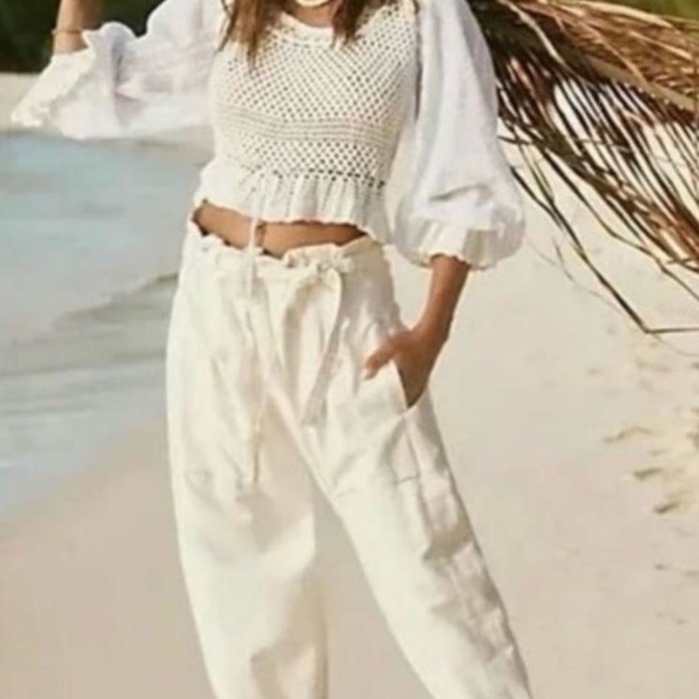 Free People Drawstring Linen-Blend Paperbag Waist Pants in Caramel Brown - Picture 6 of 7